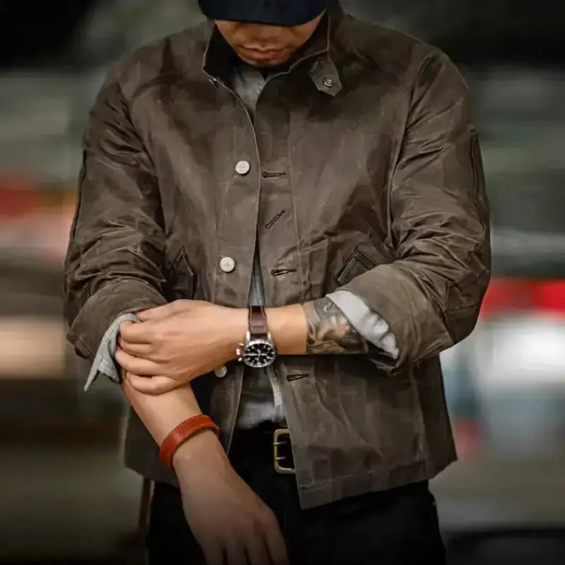 Men Vintage Waxed Jacket | Vintage Men's Classic Stand Collar