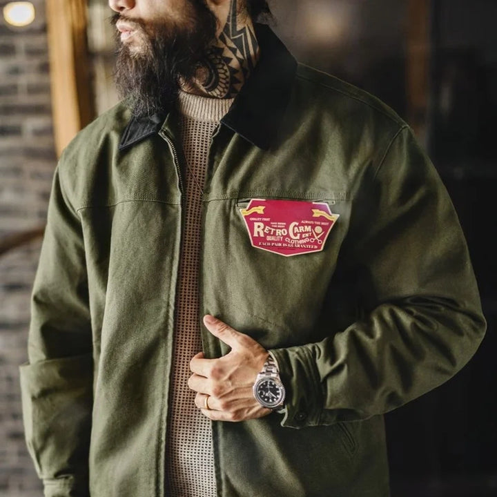 Army green padded workwear jacket worn open