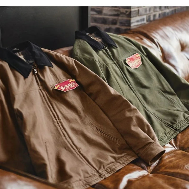 Detroit jackets in brown and army green with contrast collars