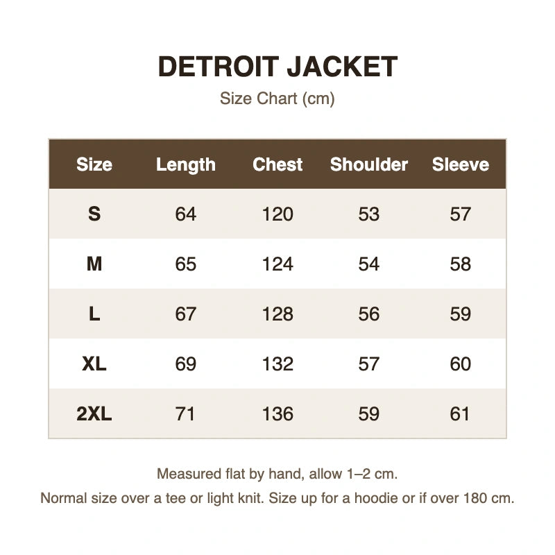 Detroit jacket size chart in cm, S to 2XL