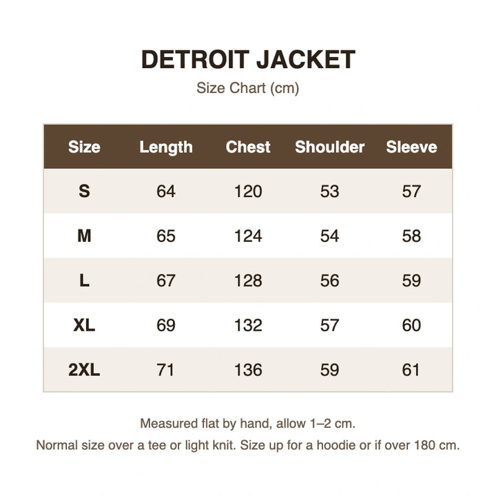 Detroit jacket size chart in cm, S to 2XL