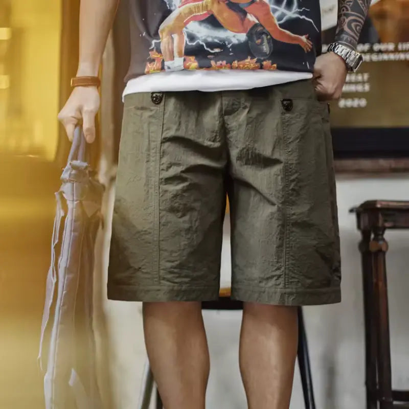 Green Pocket Shorts Men | Casual Lightweight Retro Bottoms Amekaji