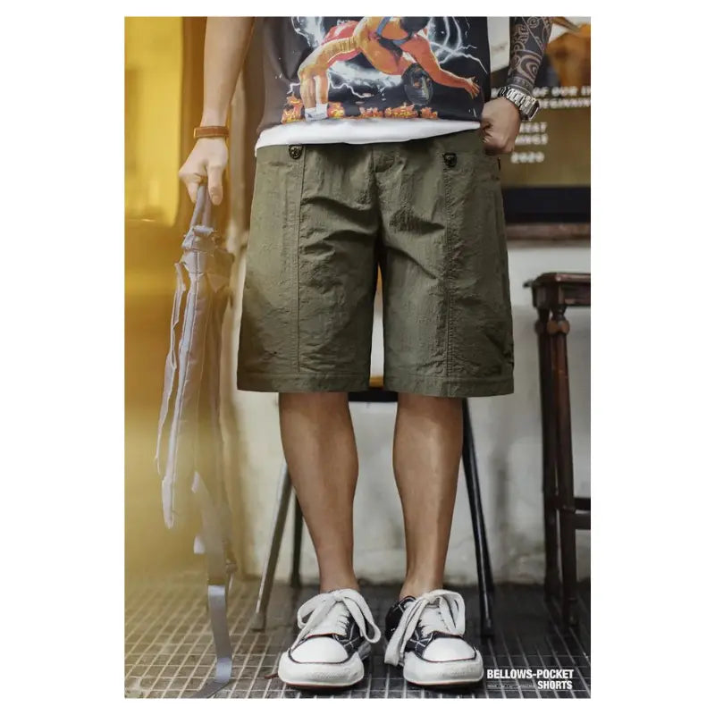 Green Pocket Shorts Men | Casual Lightweight Retro Bottoms Amekaji