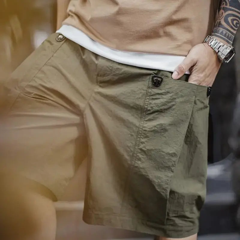 Green Pocket Shorts Men | Casual Lightweight Retro Bottoms Amekaji