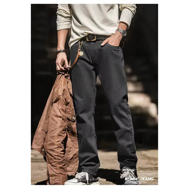 Men Baggy Denim Jeans | American Retro Pure Black Amekaji