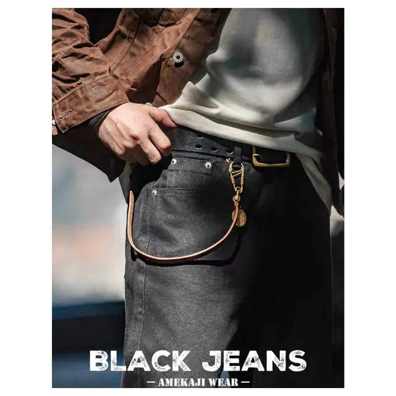 Men Baggy Denim Jeans | American Retro Pure Black Amekaji