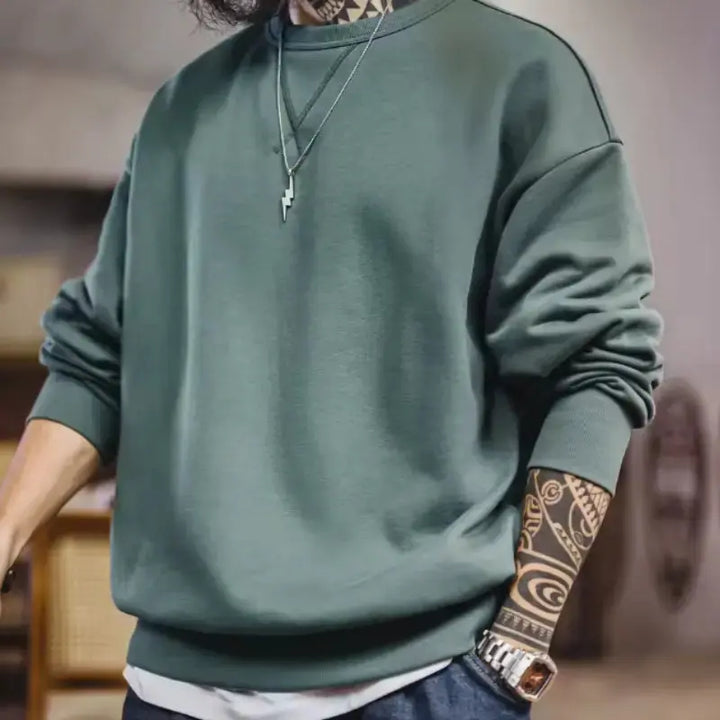 Men Casual Heavyweight Sweatshirt | Loose Fit Knit Crewneck Pullover Amekaji