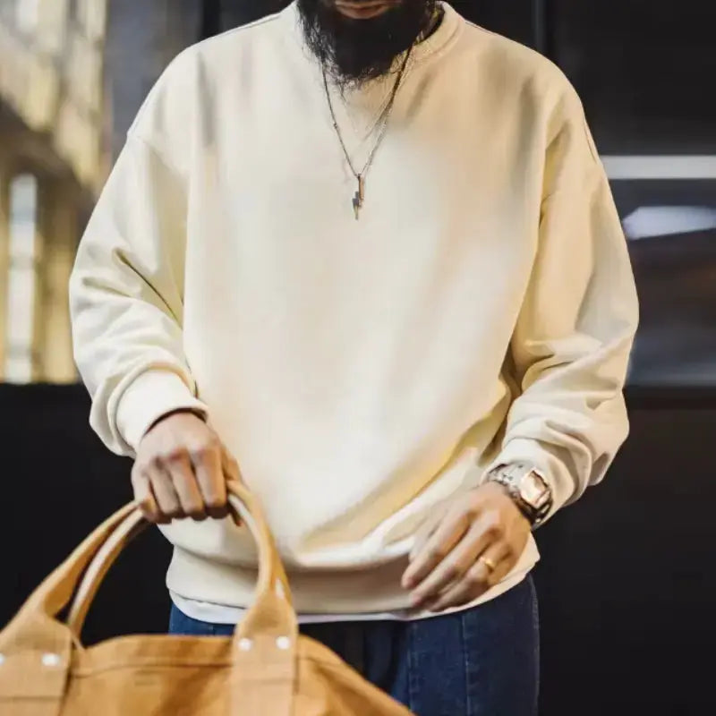 Men Casual Heavyweight Sweatshirt | Loose Fit Knit Crewneck Pullover Amekaji