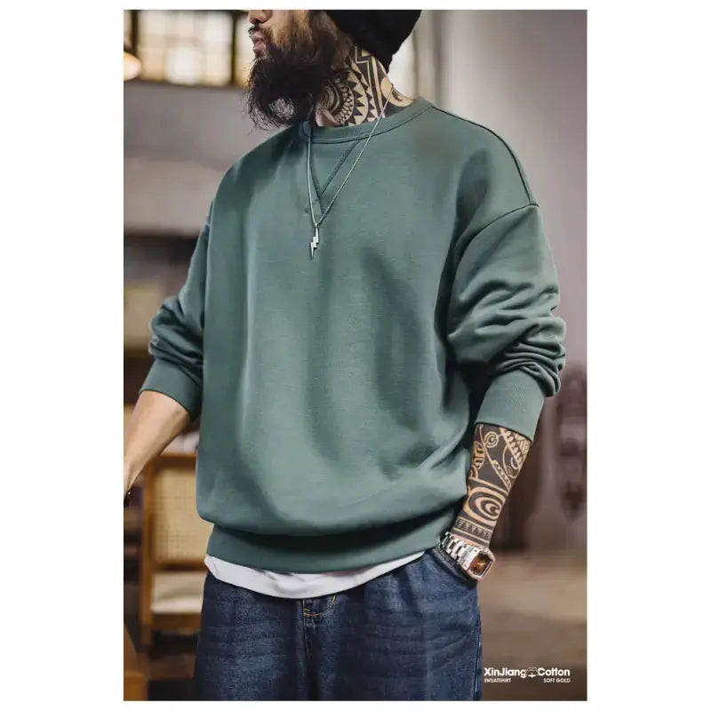 Men Casual Heavyweight Sweatshirt | Loose Fit Knit Crewneck Pullover Amekaji