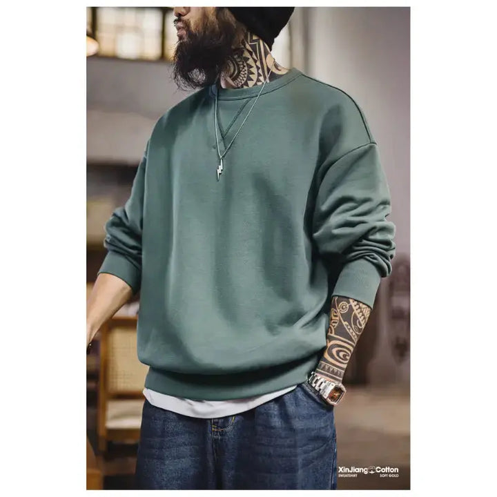 Men Casual Heavyweight Sweatshirt | Loose Fit Knit Crewneck Pullover Amekaji