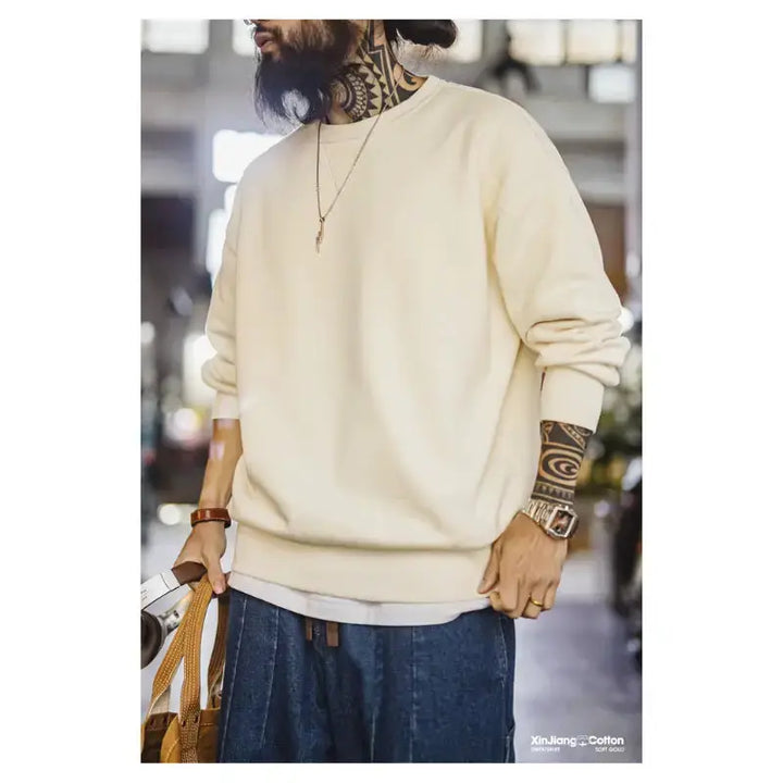 Men Casual Heavyweight Sweatshirt | Loose Fit Knit Crewneck Pullover Amekaji