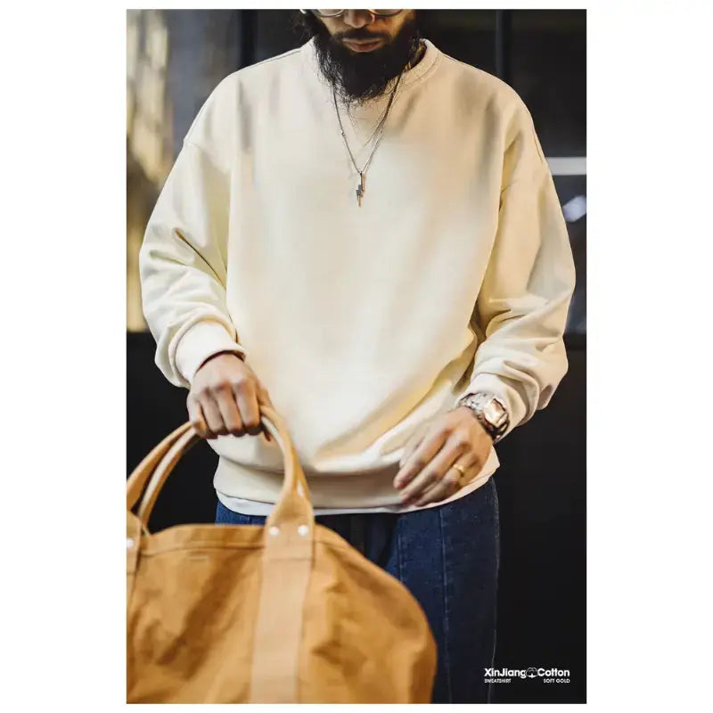 Men Casual Heavyweight Sweatshirt | Loose Fit Knit Crewneck Pullover Amekaji