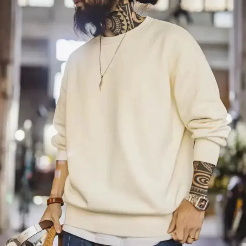 Men Casual Heavyweight Sweatshirt | Loose Fit Knit Crewneck Pullover Amekaji
