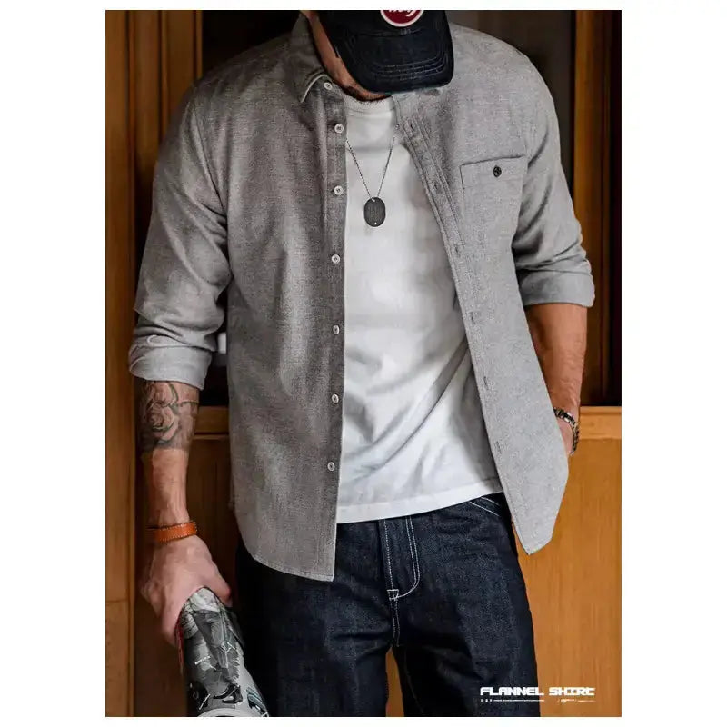 Men Cotton Shirts Business | Long Sleeve Shirt Flannel Amekaji