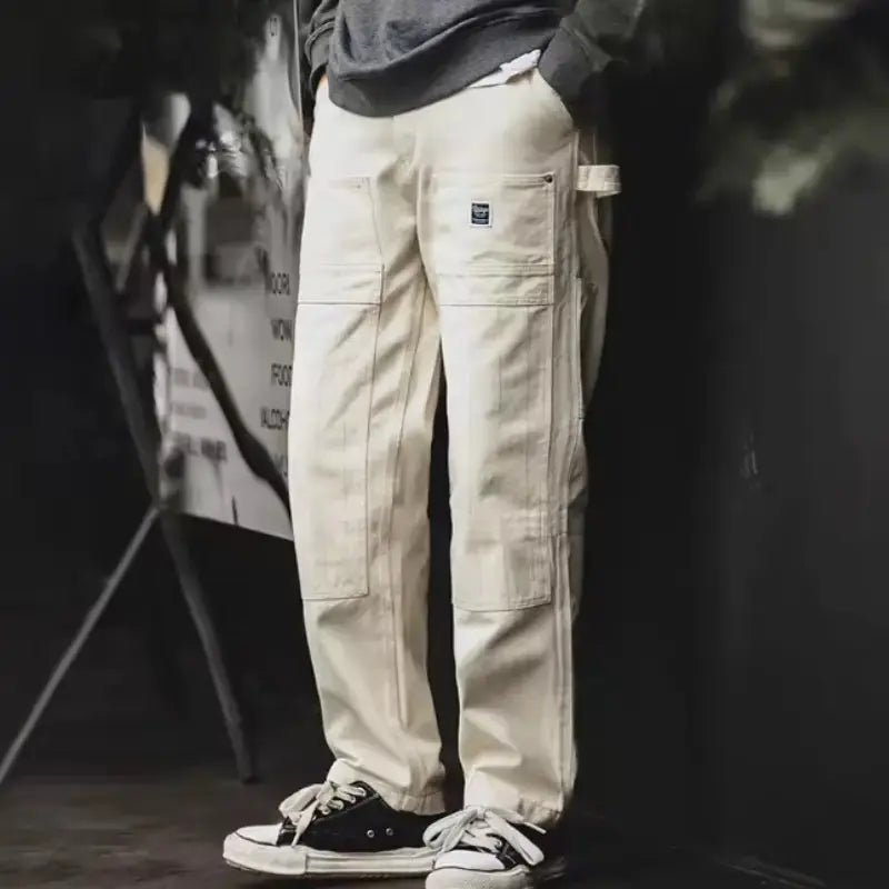 Men Denim Lumberjack Jeans | White Jeans Washed Straight Amekaji