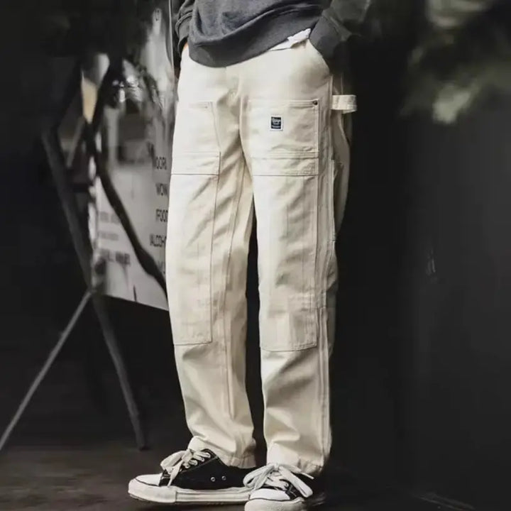 Men Denim Lumberjack Jeans | White Jeans Washed Straight Amekaji