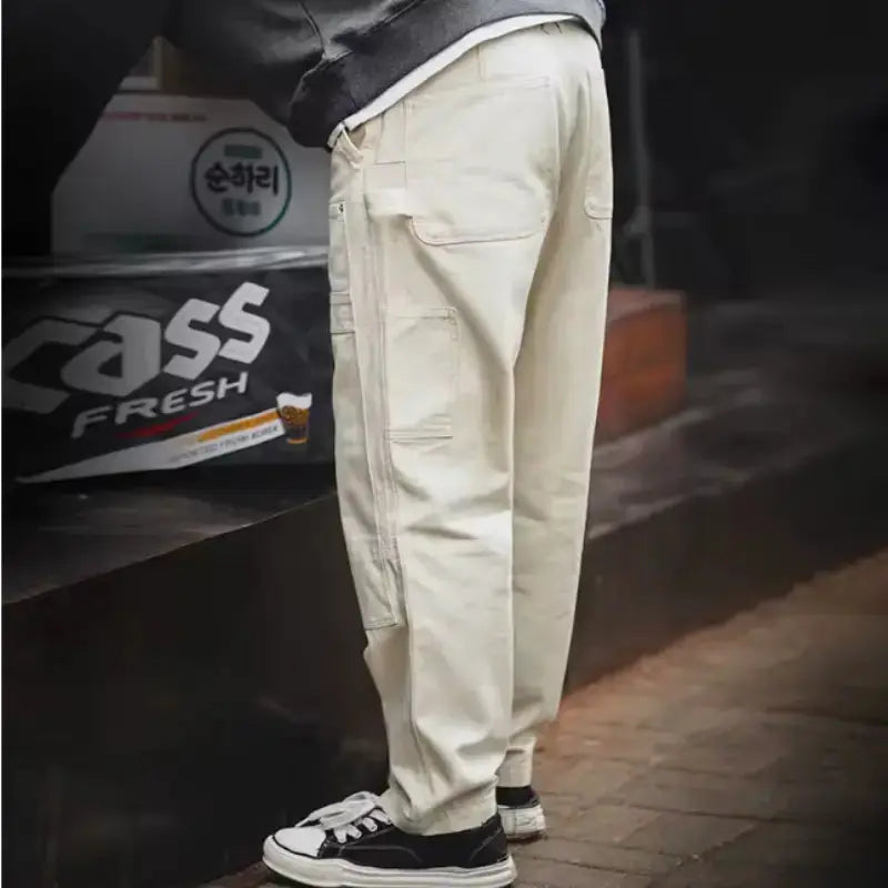 Men Denim Lumberjack Jeans | White Jeans Washed Straight Amekaji