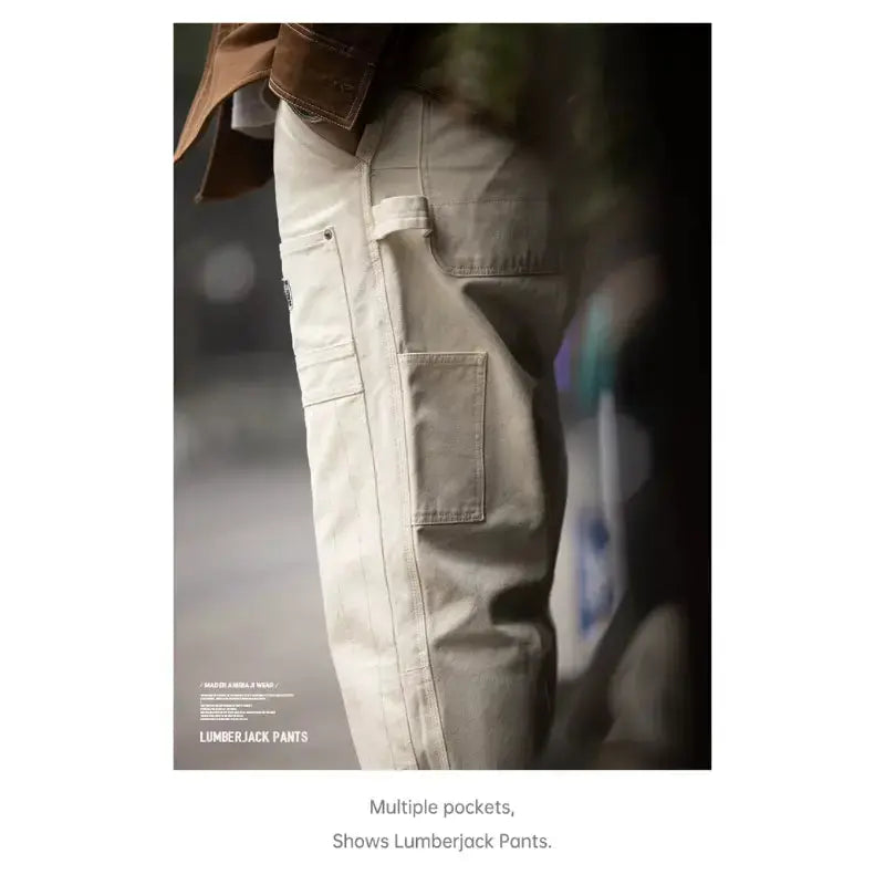 Men Denim Lumberjack Jeans | White Jeans Washed Straight Amekaji