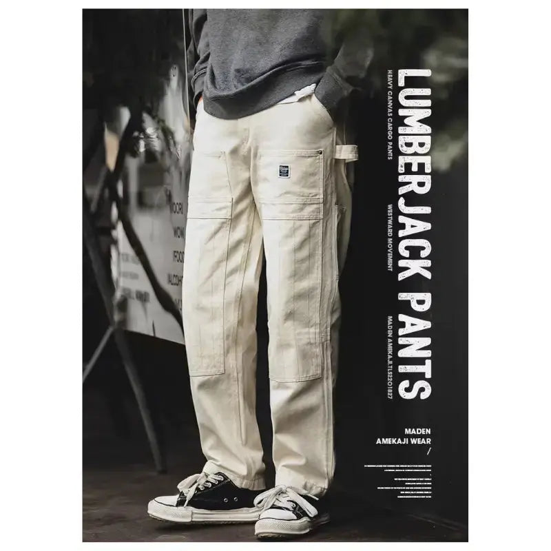 Men Denim Lumberjack Jeans | White Jeans Washed Straight Amekaji