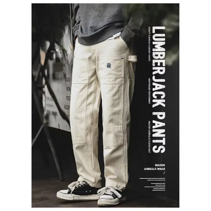 Men Denim Lumberjack Jeans | White Jeans Washed Straight Amekaji