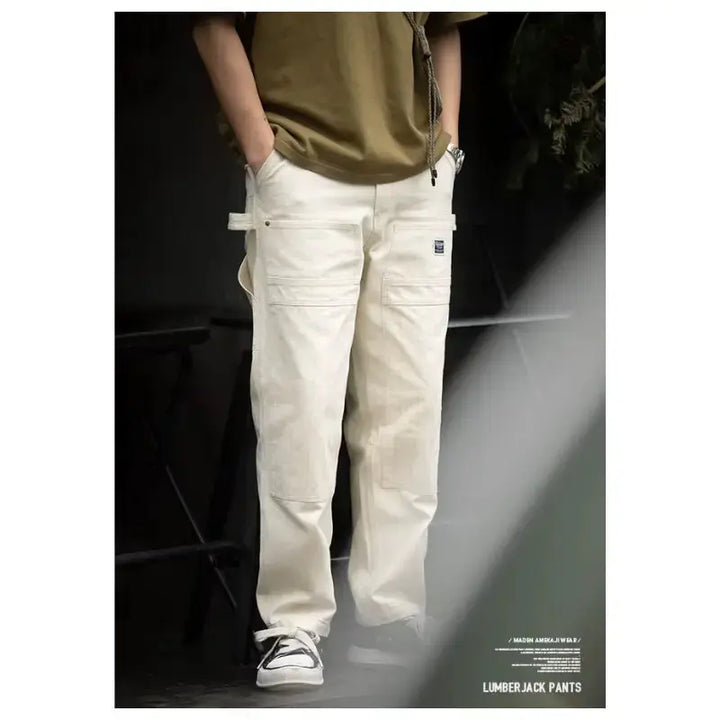 Men Denim Lumberjack Jeans | White Jeans Washed Straight Amekaji