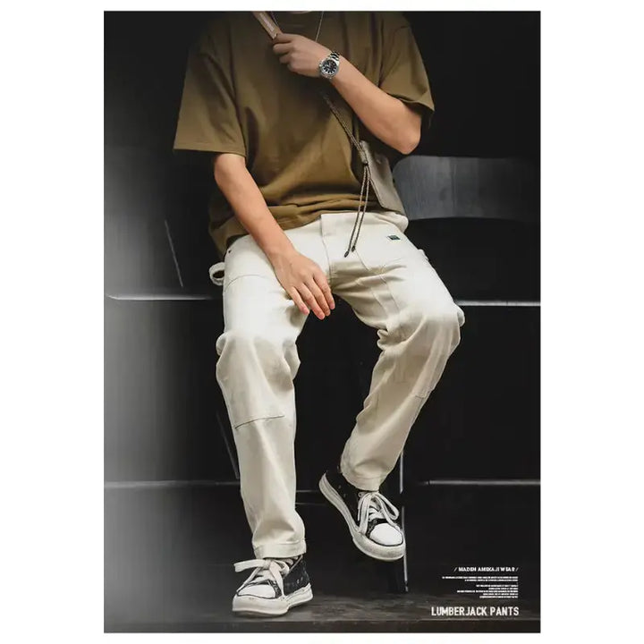 Men Denim Lumberjack Jeans | White Jeans Washed Straight Amekaji
