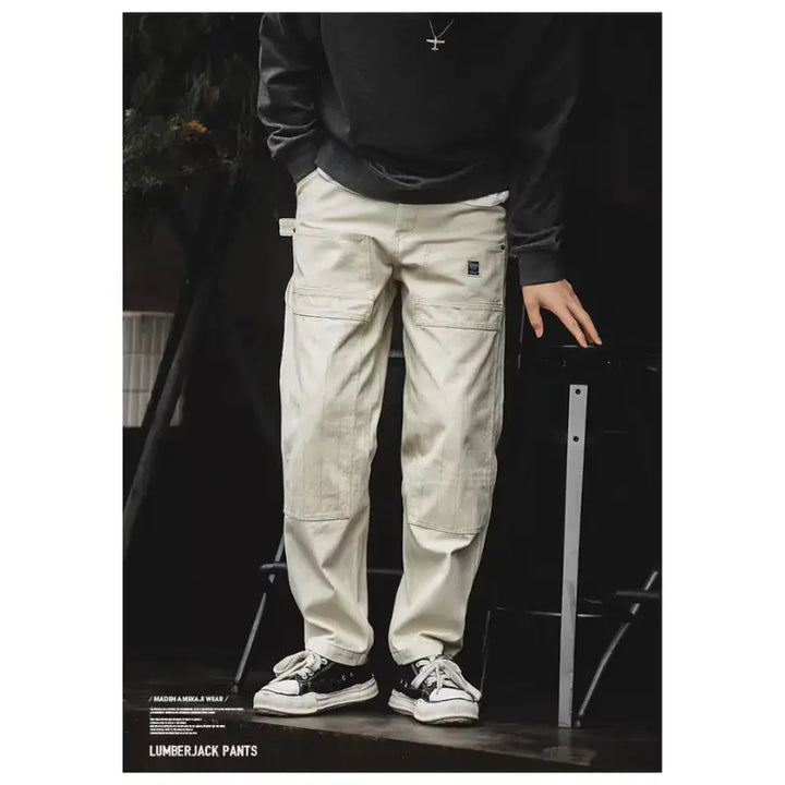 Men Denim Lumberjack Jeans | White Jeans Washed Straight Amekaji
