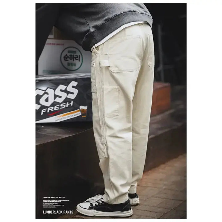 Men Denim Lumberjack Jeans | White Jeans Washed Straight Amekaji