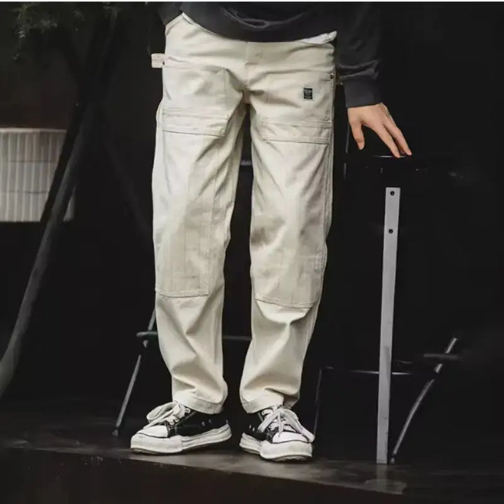 Men Denim Lumberjack Jeans | White Jeans Washed Straight Amekaji