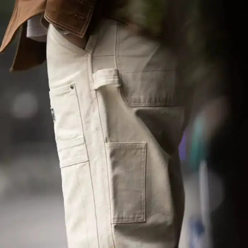 Men Denim Lumberjack Jeans | White Jeans Washed Straight Amekaji