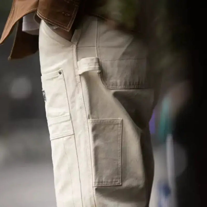 Men Denim Lumberjack Jeans | White Jeans Washed Straight Amekaji