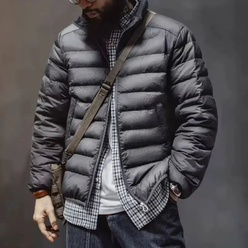 Men Lightweight Down Jacket | Vintage Stand-up Collar Jacket Amekaji