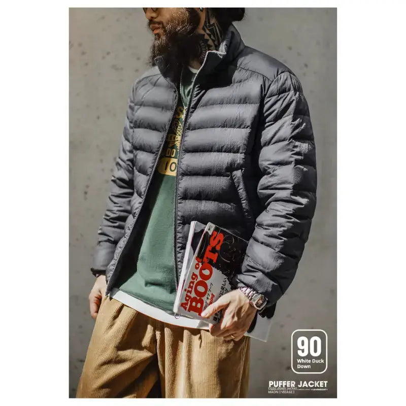 Men Lightweight Down Jacket | Vintage Stand-up Collar Jacket Amekaji