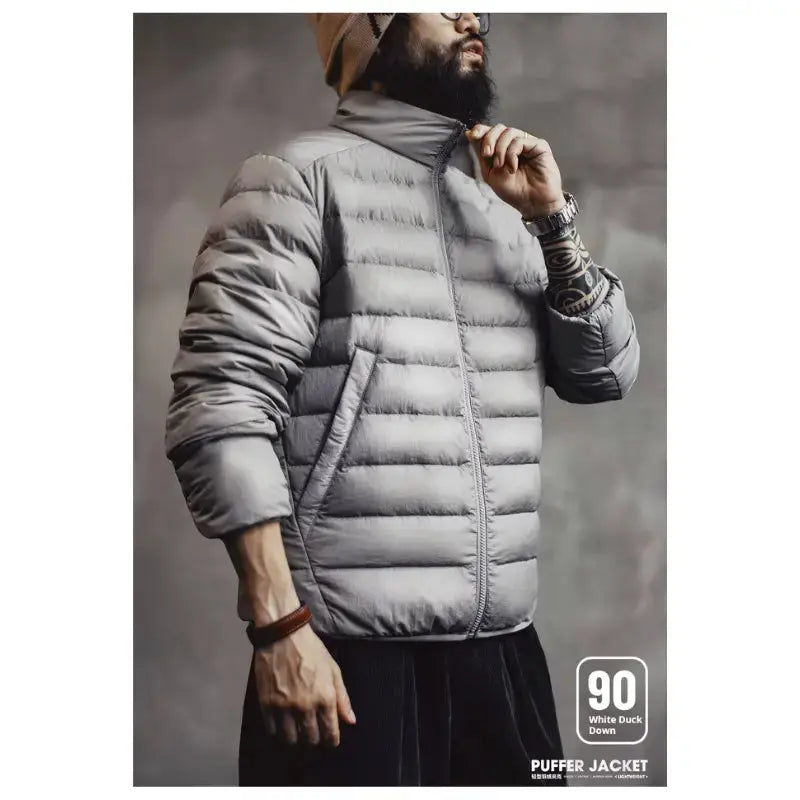 Men Lightweight Down Jacket | Vintage Stand-up Collar Jacket Amekaji