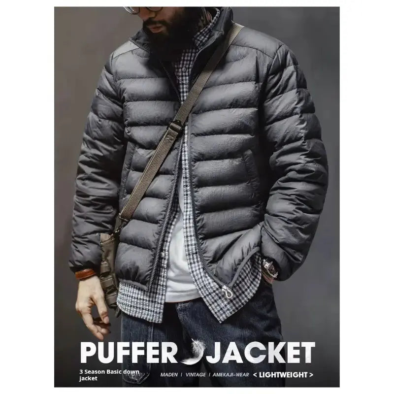 Men Lightweight Down Jacket | Vintage Stand-up Collar Jacket Amekaji