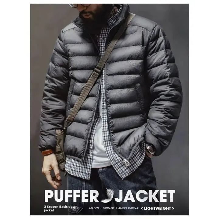 Men Lightweight Down Jacket | Vintage Stand-up Collar Jacket Amekaji
