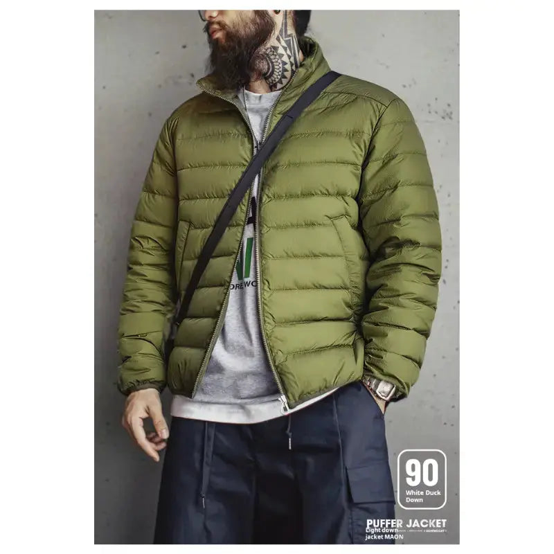 Men Lightweight Down Jacket | Vintage Stand-up Collar Jacket Amekaji