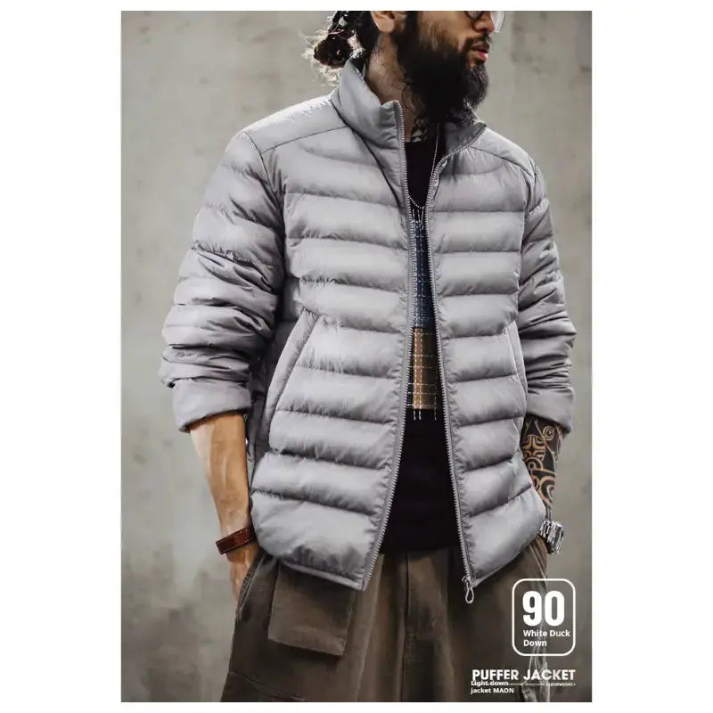 Men Lightweight Down Jacket | Vintage Stand-up Collar Jacket Amekaji