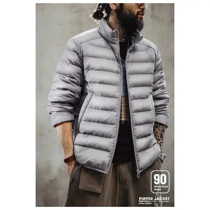 Men Lightweight Down Jacket | Vintage Stand-up Collar Jacket Amekaji