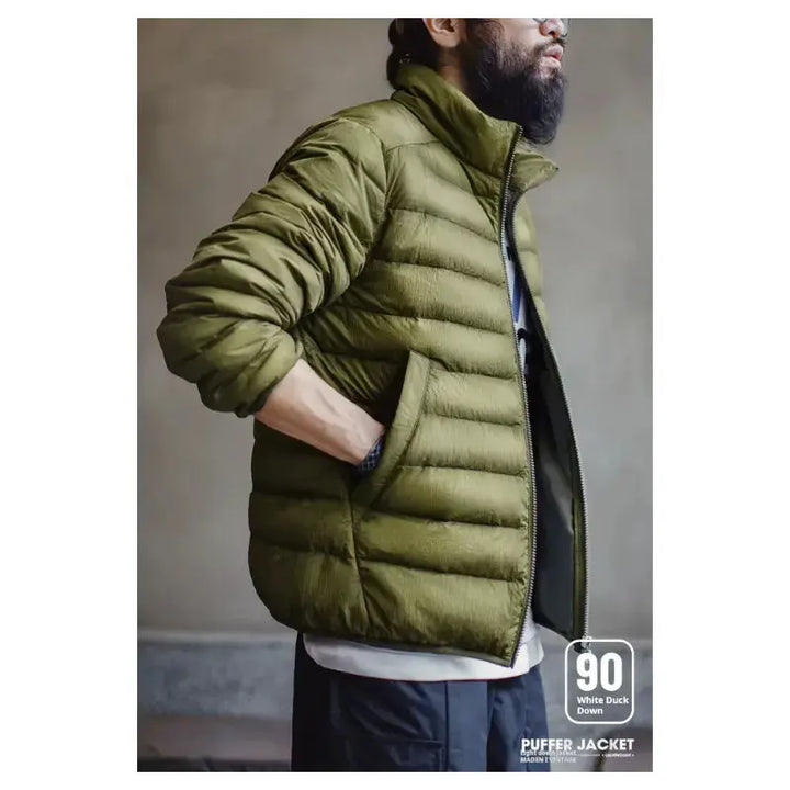 Men Lightweight Down Jacket | Vintage Stand-up Collar Jacket Amekaji
