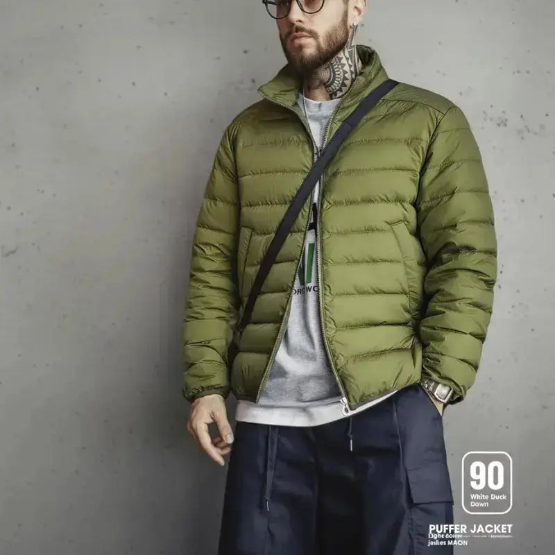Men Lightweight Down Jacket | Vintage Stand-up Collar Jacket Amekaji