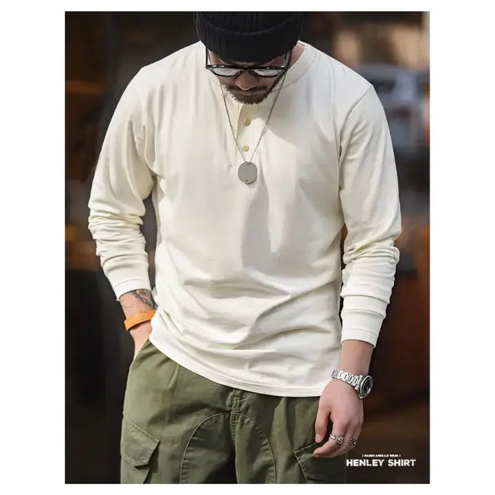 Men Long Sleeved Henley Shirt | Classic Design Round Collar Maden