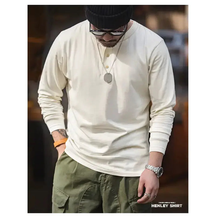 Men Long Sleeved Henley Shirt | Classic Design Round Collar Maden