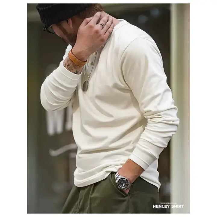 Men Long Sleeved Henley Shirt | Classic Design Round Collar Maden