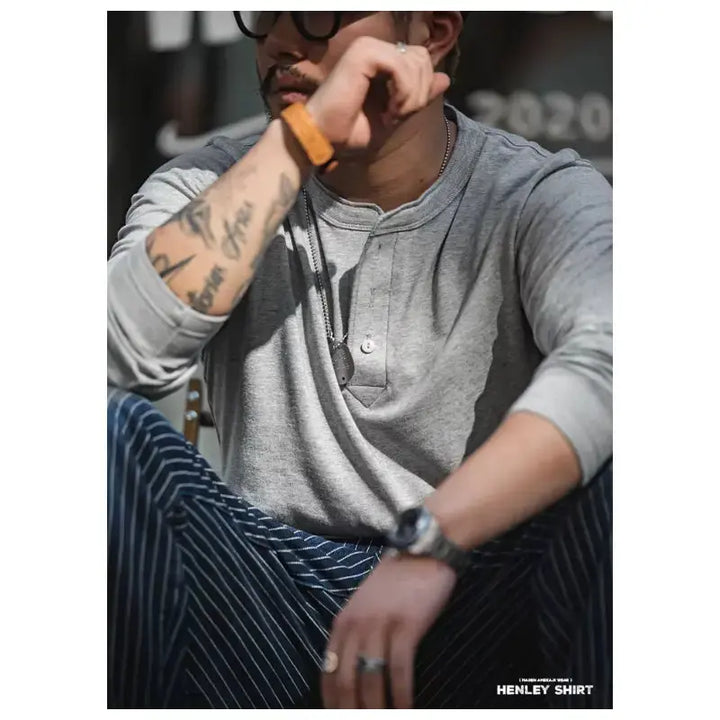 Men Long Sleeved Henley Shirt | Classic Design Round Collar Maden