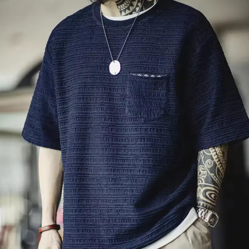 Men Retro Textured T-shirt | Loose Fit Indigo Knitted Wave Pattern Maden