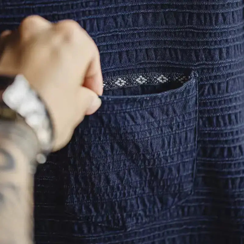 Men Retro Textured T-shirt | Loose Fit Indigo Knitted Wave Pattern Maden