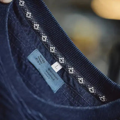 Men Retro Textured T-shirt | Loose Fit Indigo Knitted Wave Pattern Maden