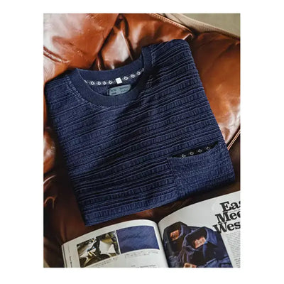 Men Retro Textured T-shirt | Loose Fit Indigo Knitted Wave Pattern Maden