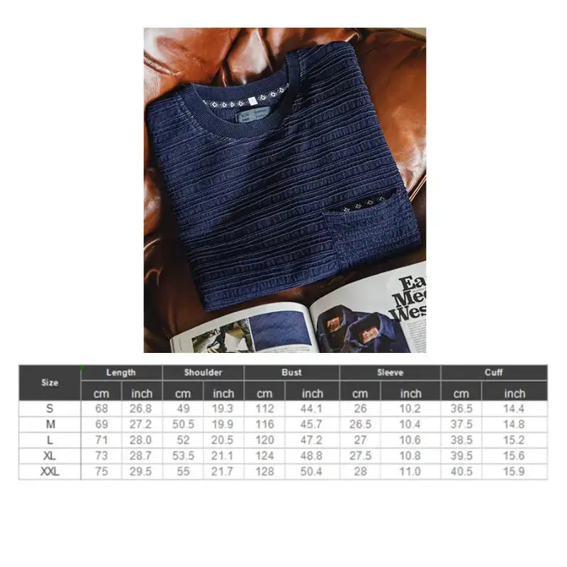 Men Retro Textured T-shirt | Loose Fit Indigo Knitted Wave Pattern Maden